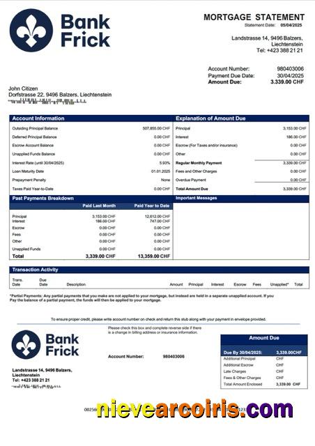 Liechtenstein Bank Frick & Co mortgage statement Word and PDF template
